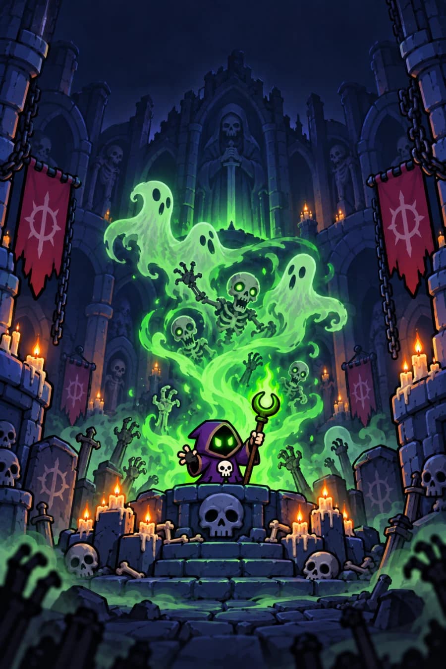 The Tiny Necromancer summons glowing green spirits in a candlelit crypt